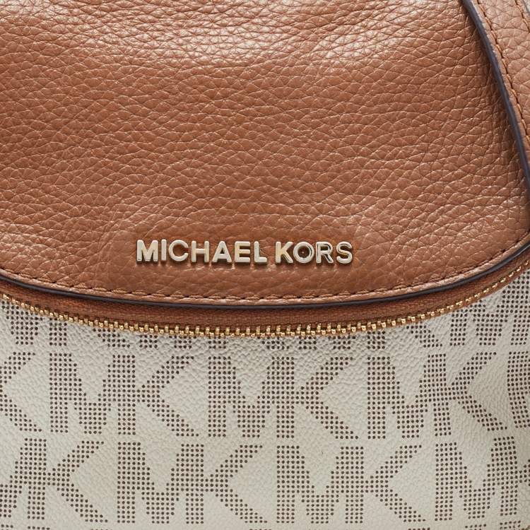 Pre Owned MICHAEL Michael Kors Ivory/Tan Signature Coated Canvas and Leather Crossbody Bag