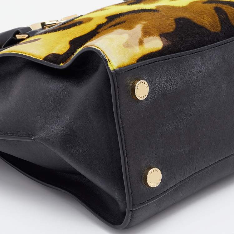 Pre Owned MICHAEL Michael Kors Black/Yellow Camouflage Calfhair and Leather Hamilton Tote