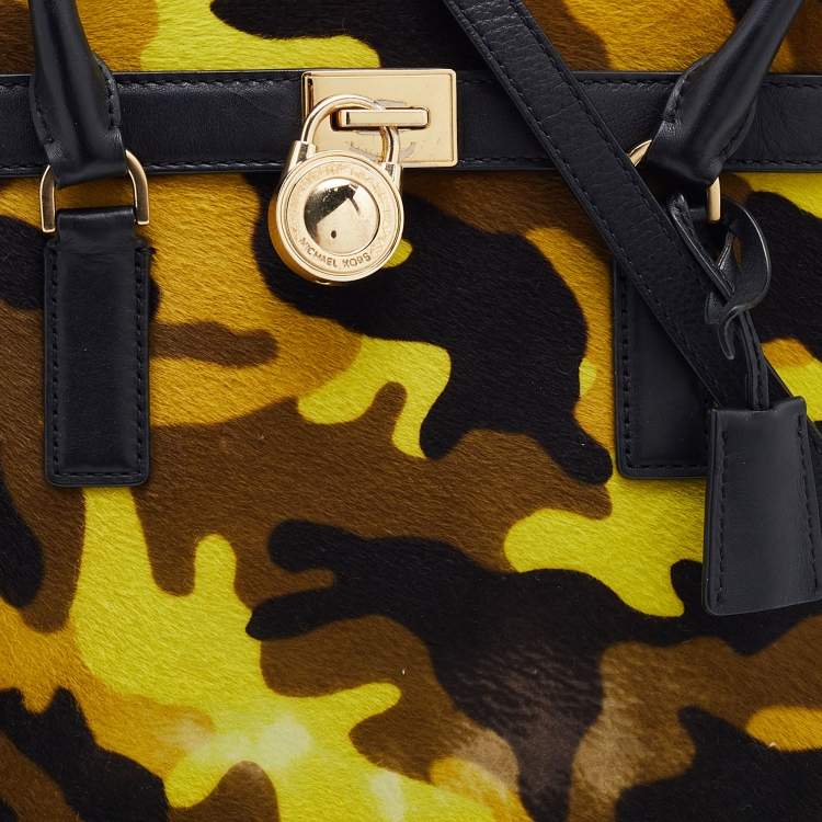 Pre Owned MICHAEL Michael Kors Black/Yellow Camouflage Calfhair and Leather Hamilton Tote