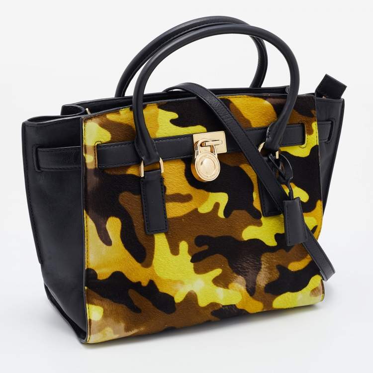 Pre Owned MICHAEL Michael Kors Black/Yellow Camouflage Calfhair and Leather Hamilton Tote