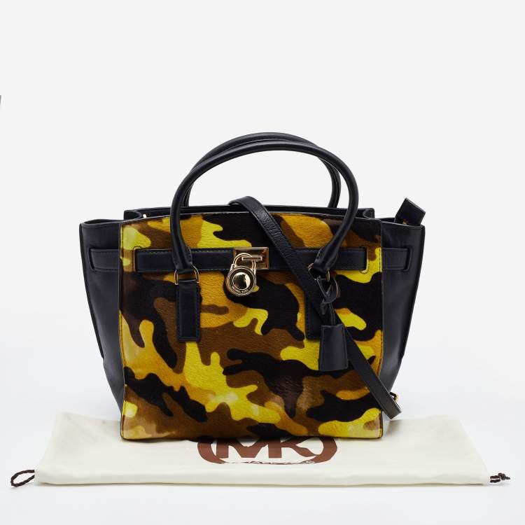 Pre Owned MICHAEL Michael Kors Black/Yellow Camouflage Calfhair and Leather Hamilton Tote
