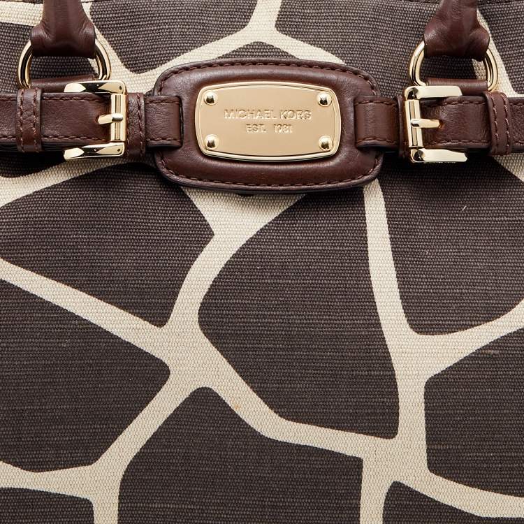 Pre Owned MICHAEL Michael Kors Brown Printed Canvas and Leather East West Hamilton Tote