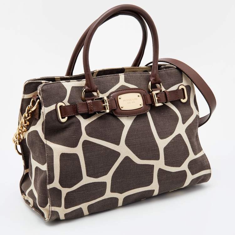 Pre Owned MICHAEL Michael Kors Brown Printed Canvas and Leather East West Hamilton Tote