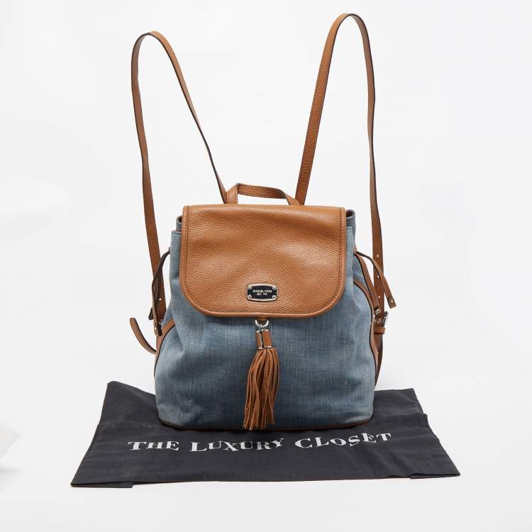 Pre Owned MICHAEL Michael Kors Blue/Brown Denim and Leather Drawstring Backpack