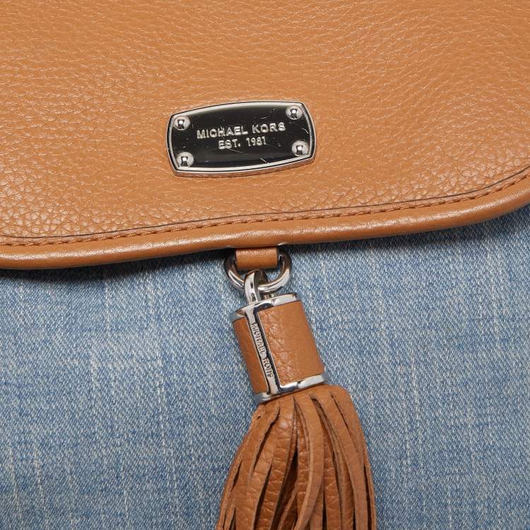 Pre Owned MICHAEL Michael Kors Blue/Brown Denim and Leather Drawstring Backpack
