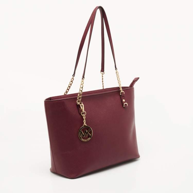 Pre Owned MICHAEL Michael Kors Burgundy Saffiano Leather East West Chain Tote