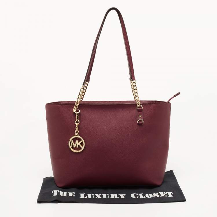 Pre Owned MICHAEL Michael Kors Burgundy Saffiano Leather East West Chain Tote