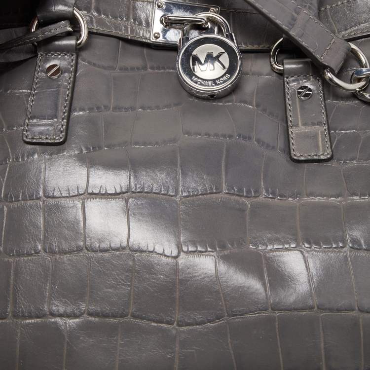 Pre Owned MICHAEL Michael Kors Grey Croc Embossed Leather Large Hamilton North South Tote