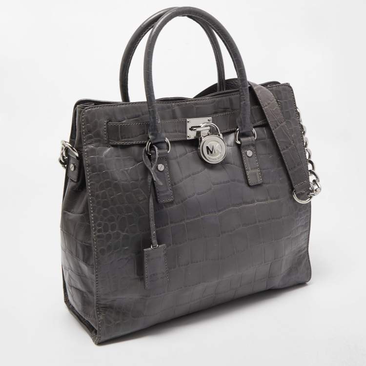 Pre Owned MICHAEL Michael Kors Grey Croc Embossed Leather Large Hamilton North South Tote