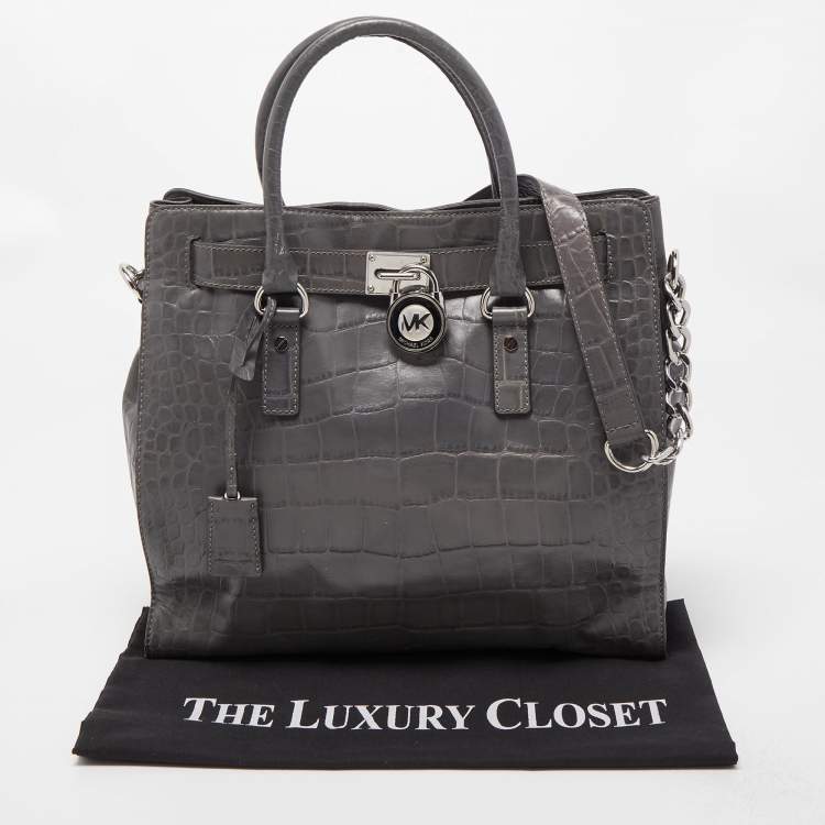 Pre Owned MICHAEL Michael Kors Grey Croc Embossed Leather Large Hamilton North South Tote