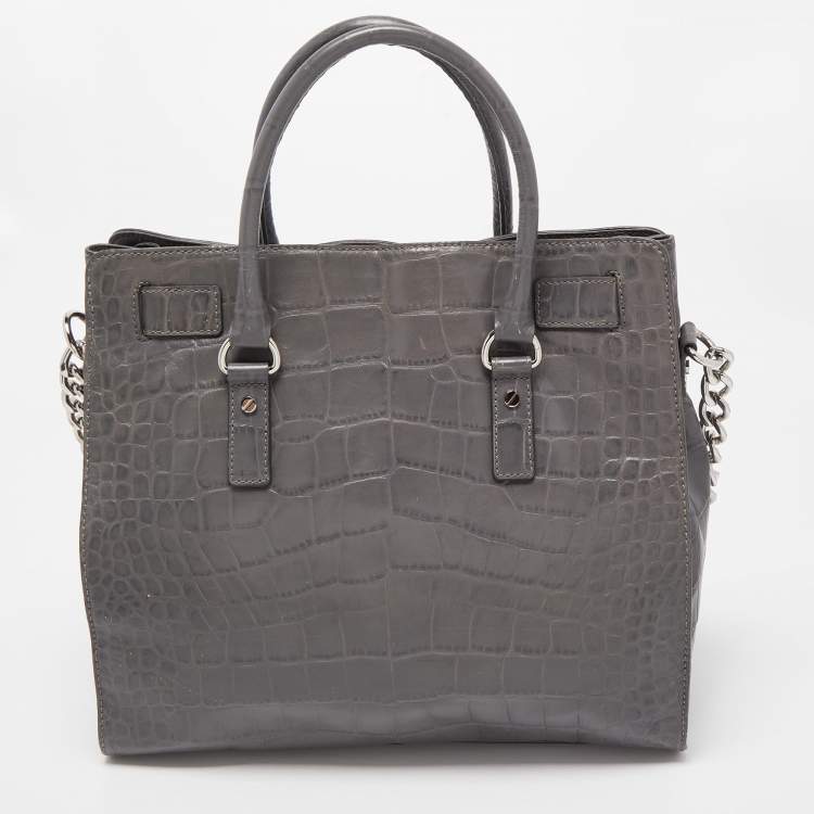 Pre Owned MICHAEL Michael Kors Grey Croc Embossed Leather Large Hamilton North South Tote