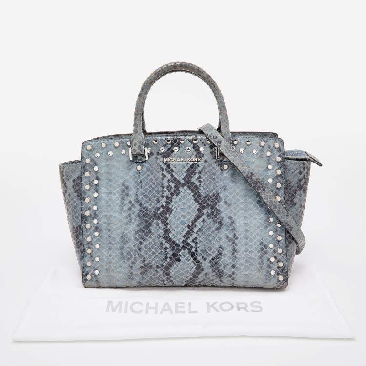 Pre Owned MICHAEL Michael Kors Blue Python Embossed Leather Large Embellished Selma Satchel
