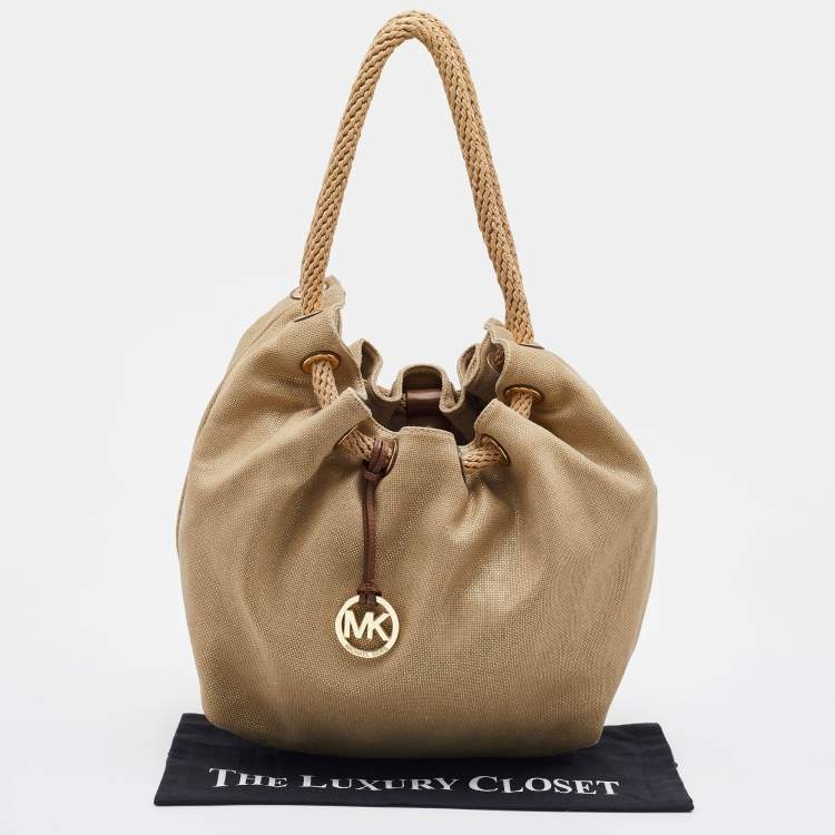 Pre Owned MICHAEL Michael Kors Metallic Gold/Brown Canvas and Leather Marina Drawstring Tote