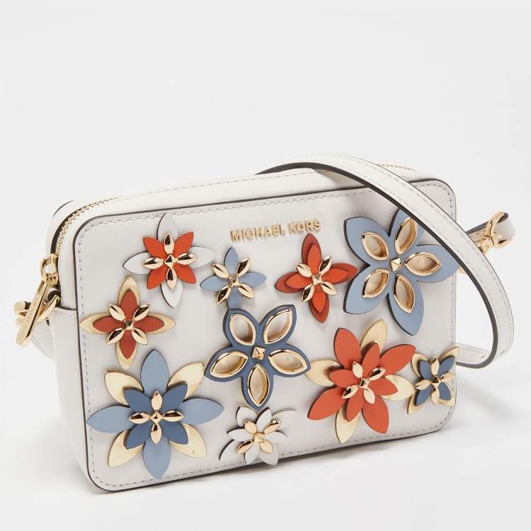 Pre Owned MICHAEL Michael Kors White Leather Floral Applique Jet Set Camera Crossbody Bag