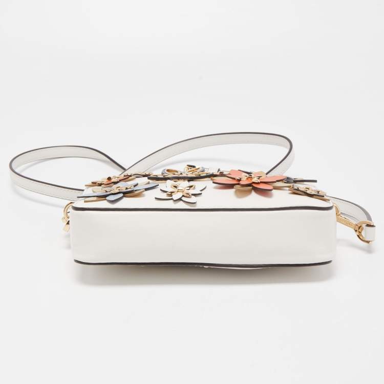 Pre Owned MICHAEL Michael Kors White Leather Floral Applique Jet Set Camera Crossbody Bag