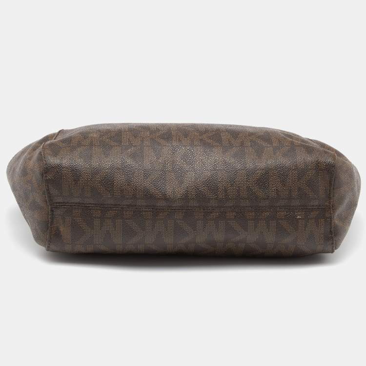 Pre Owned MICHAEL Michael Kors Brown Signature Coated Canvas and Leather Jet Set Travel Chain Shoulder Bag