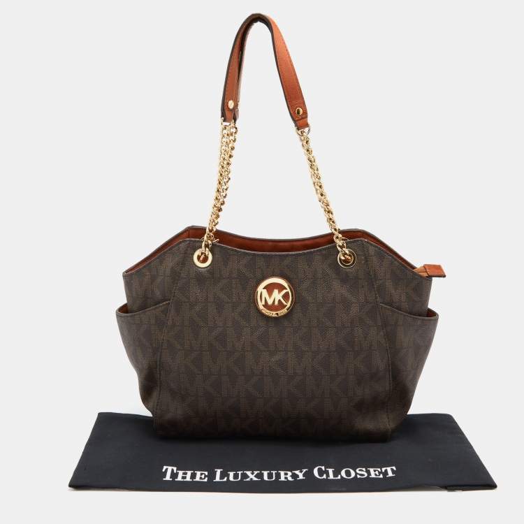 Pre Owned MICHAEL Michael Kors Brown Signature Coated Canvas and Leather Jet Set Travel Chain Shoulder Bag