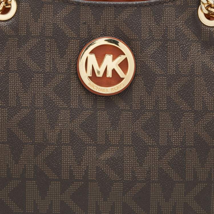 Pre Owned MICHAEL Michael Kors Brown Signature Coated Canvas and Leather Jet Set Travel Chain Shoulder Bag