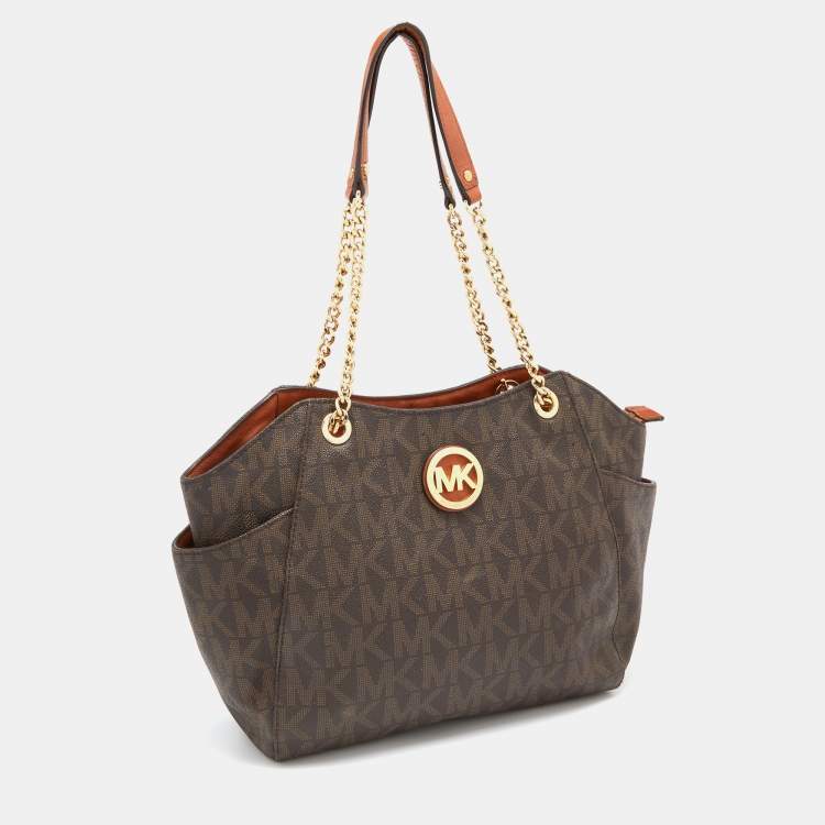Pre Owned MICHAEL Michael Kors Brown Signature Coated Canvas and Leather Jet Set Travel Chain Shoulder Bag