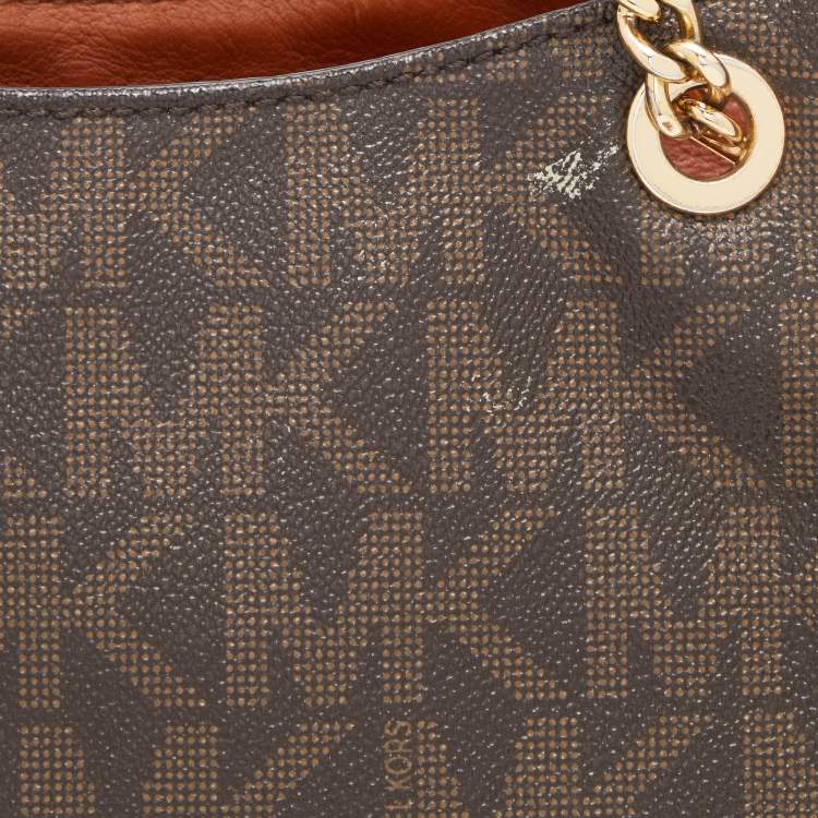 Pre Owned MICHAEL Michael Kors Brown Signature Coated Canvas and Leather Jet Set Travel Chain Shoulder Bag
