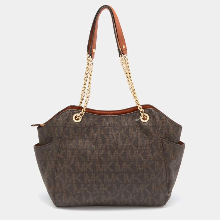Pre Owned MICHAEL Michael Kors Brown Signature Coated Canvas and Leather Jet Set Travel Chain Shoulder Bag