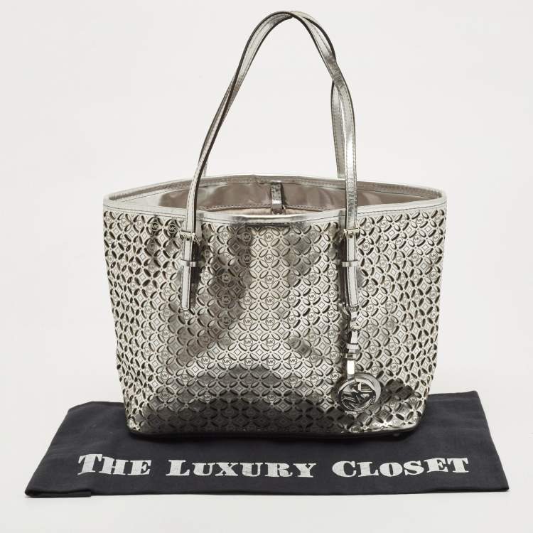 Pre Owned MICHAEL Michael Kors Silver Leather Lasercut Travel Tote