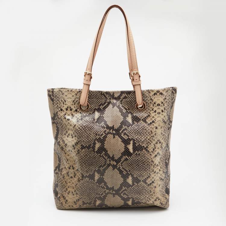 Pre Owned MICHAEL Michael Kors Beige Python Embossed Leather North South Tote