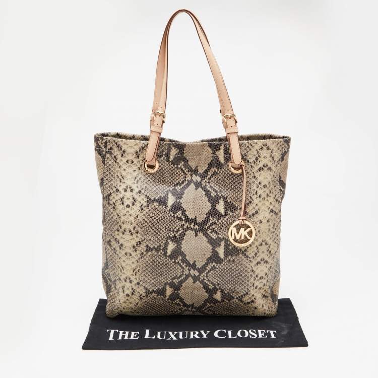 Pre Owned MICHAEL Michael Kors Beige Python Embossed Leather North South Tote