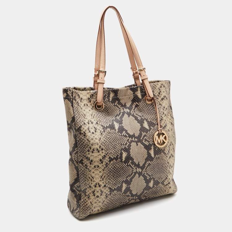 Pre Owned MICHAEL Michael Kors Beige Python Embossed Leather North South Tote