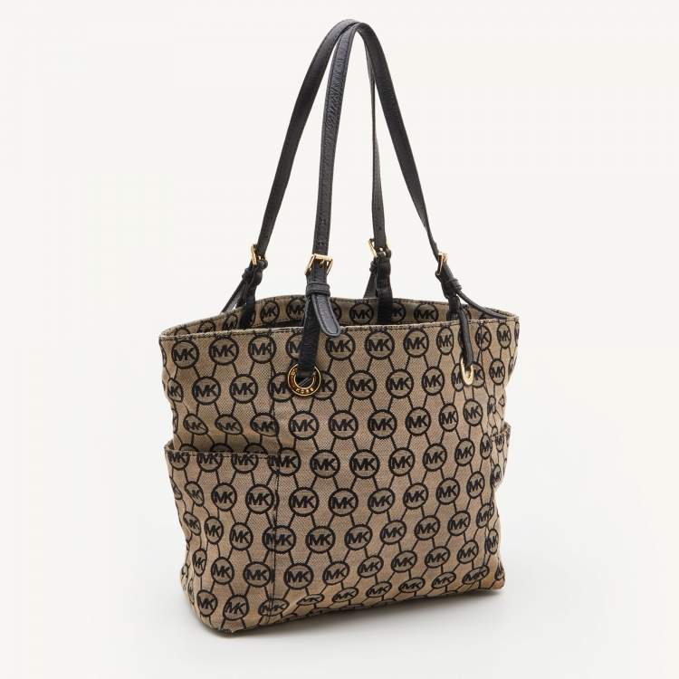 Pre Owned MICHAEL Michael Kors Beige/Black Signature Canvas and Leather Jet Set Tote