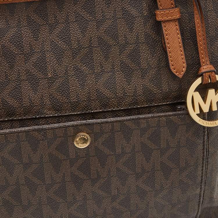 Pre Owned MICHAEL Michael Kors Brown/Tan Signature Coated Canvas and Leather Jet Set Tote