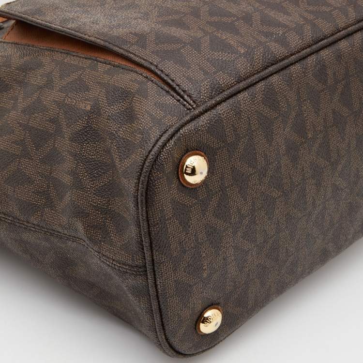 Pre Owned MICHAEL Michael Kors Brown/Tan Signature Coated Canvas and Leather Jet Set Tote