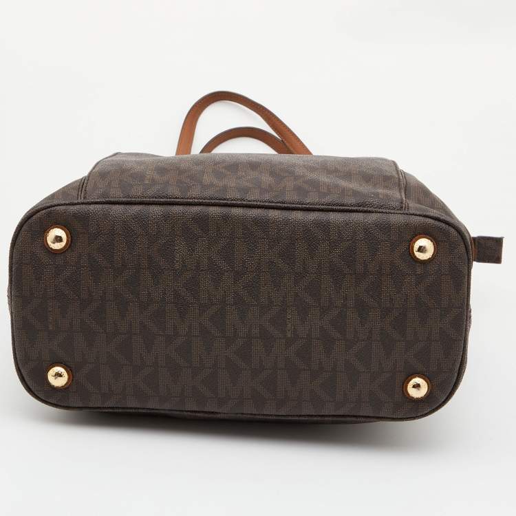 Pre Owned MICHAEL Michael Kors Brown/Tan Signature Coated Canvas and Leather Jet Set Tote