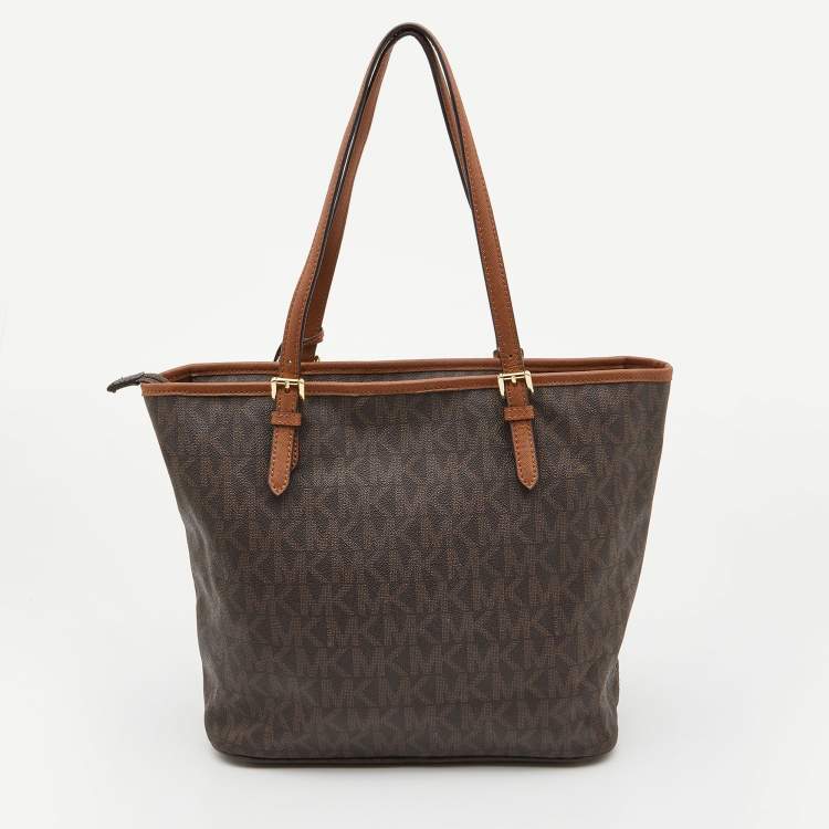 Pre Owned MICHAEL Michael Kors Brown/Tan Signature Coated Canvas and Leather Jet Set Tote
