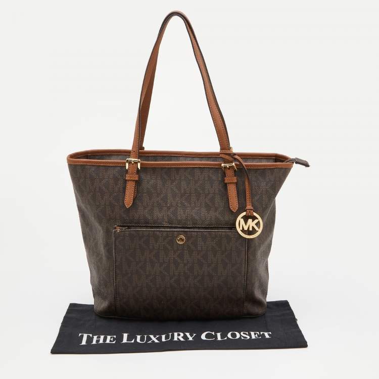 Pre Owned MICHAEL Michael Kors Brown/Tan Signature Coated Canvas and Leather Jet Set Tote