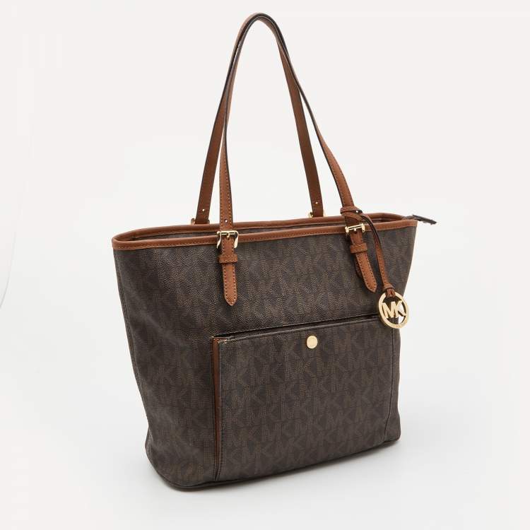 Pre Owned MICHAEL Michael Kors Brown/Tan Signature Coated Canvas and Leather Jet Set Tote