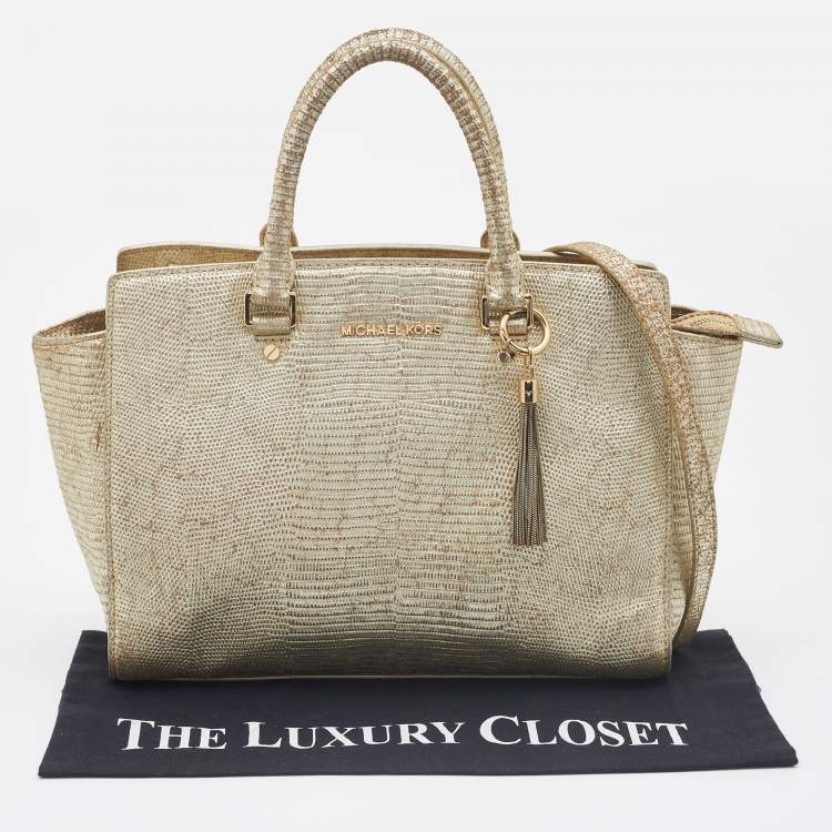 Pre Owned MICHAEL Michael Kors Gold Snakeskin Embossed Leather Large Selma Satchel