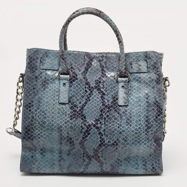 Pre Owned MICHAEL Michael Kors Blue Python Effect Suede Large Hamilton North South Tote