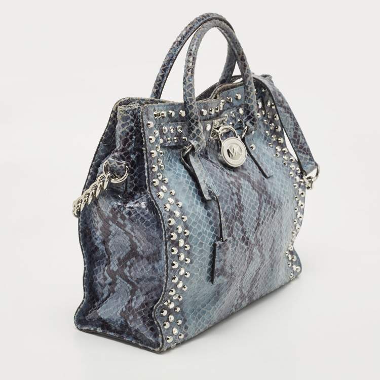 Pre Owned MICHAEL Michael Kors Blue Python Effect Suede Large Hamilton North South Tote