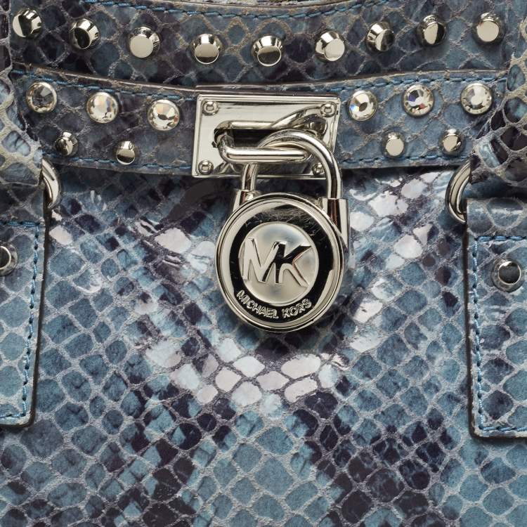 Pre Owned MICHAEL Michael Kors Blue Python Effect Suede Large Hamilton North South Tote