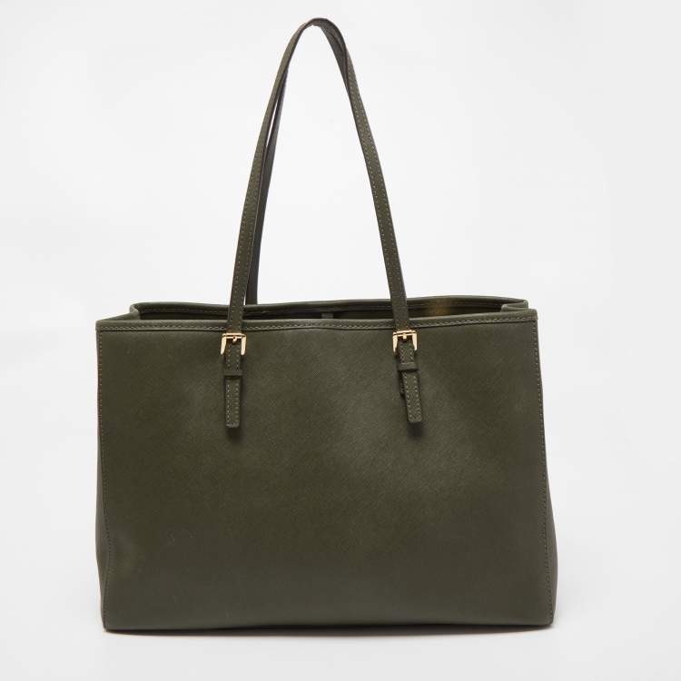 Pre Owned MICHAEL Michael Kors Olive Green Saffiano Leather Large Jet Set Travel Tote
