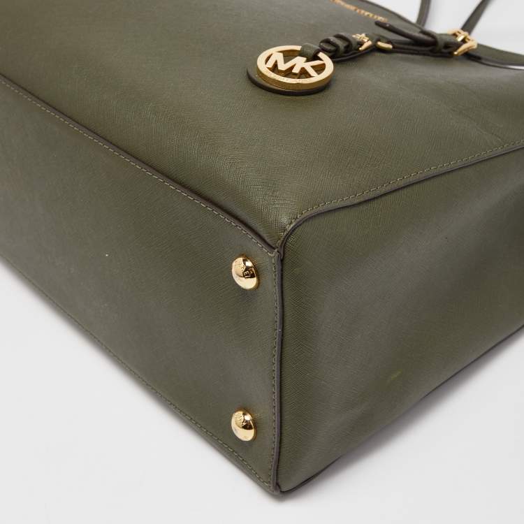 Pre Owned MICHAEL Michael Kors Olive Green Saffiano Leather Large Jet Set Travel Tote