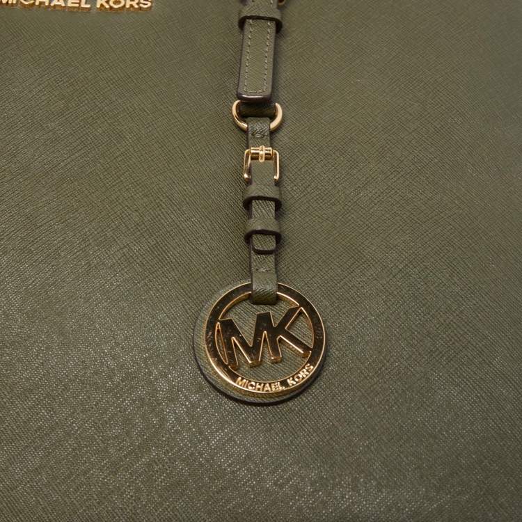 Pre Owned MICHAEL Michael Kors Olive Green Saffiano Leather Large Jet Set Travel Tote