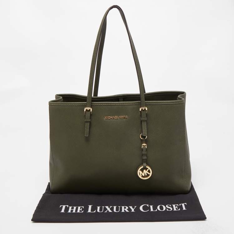 Pre Owned MICHAEL Michael Kors Olive Green Saffiano Leather Large Jet Set Travel Tote