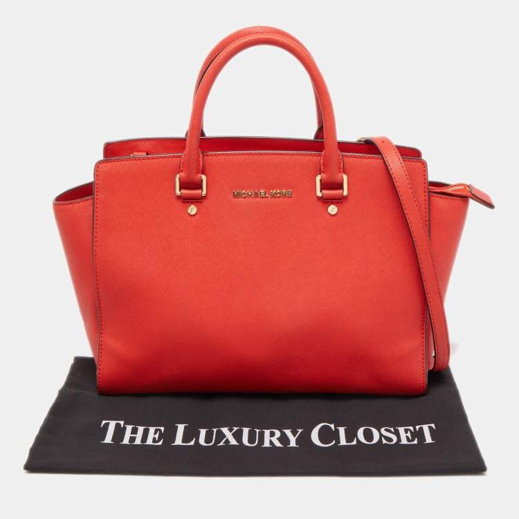 Pre Owned MICHAEL Michael Kors Red Saffiano Leather Large Selma Satchel