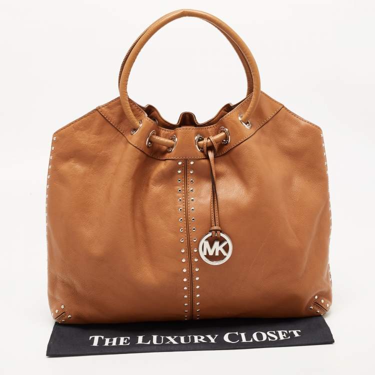 Pre Owned MICHAEL Michael Kors Brown Leather Aster Studded Ring Tote