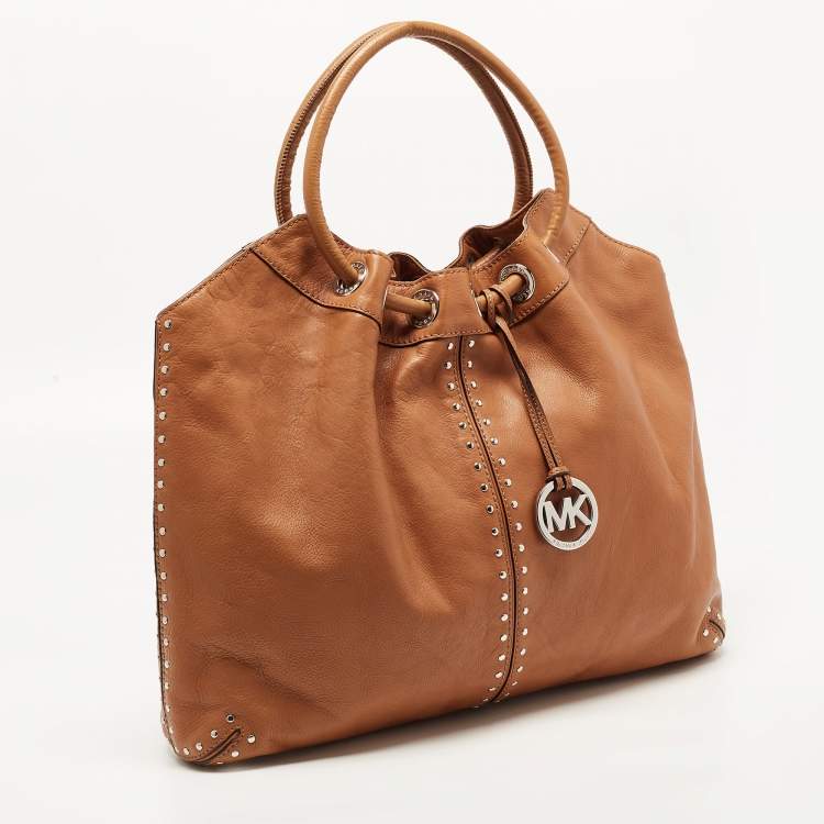 Pre Owned MICHAEL Michael Kors Brown Leather Aster Studded Ring Tote