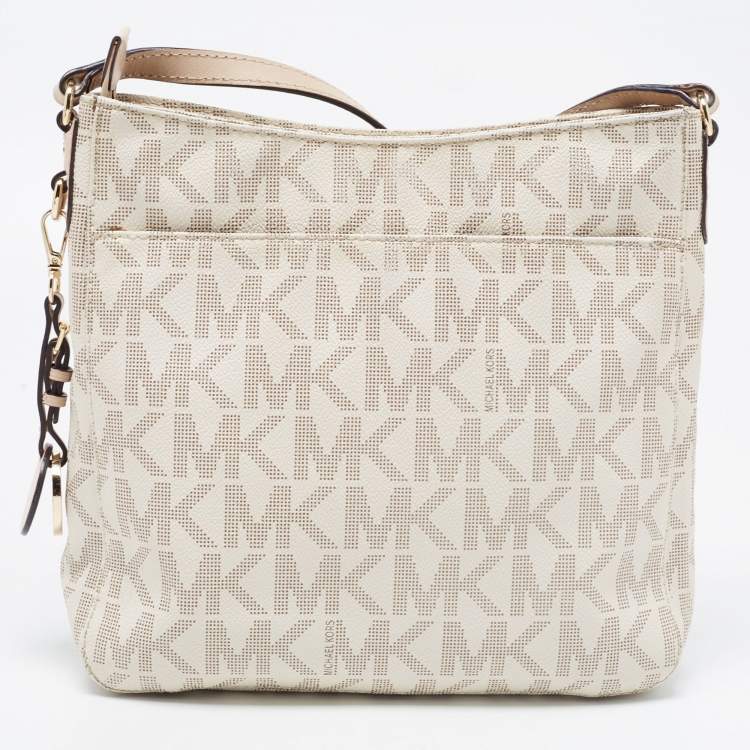 Pre Owned MICHAEL Michael Kors Off White/Beige Signature Coated Canvas Crossbody Bag