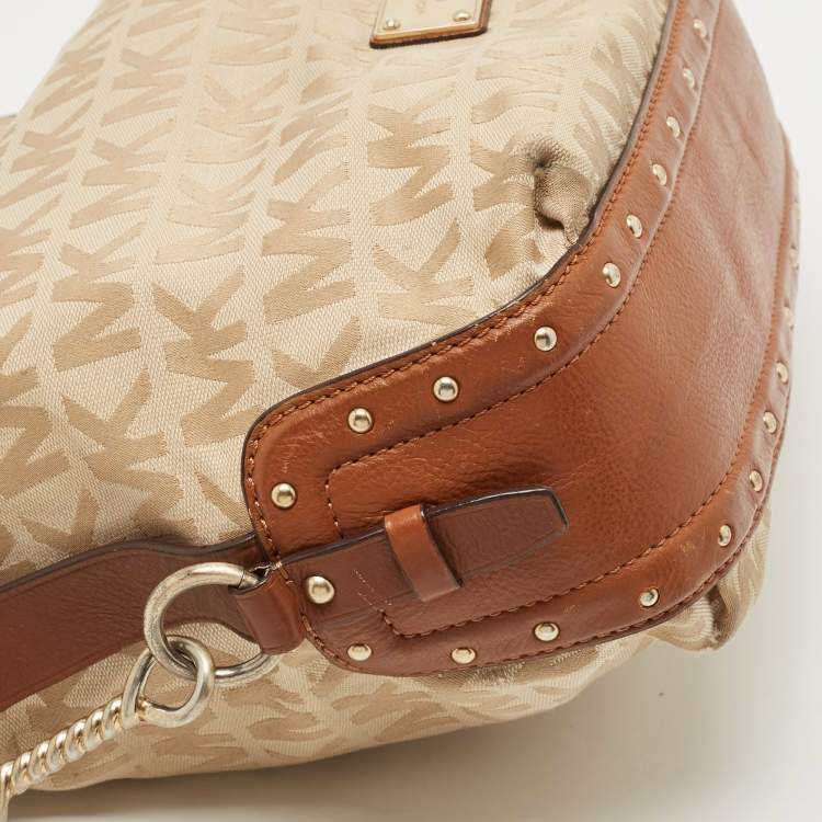 Pre Owned Michael Michael Kors Beige/Brown Signature Canvas and Leather Studded Hobo