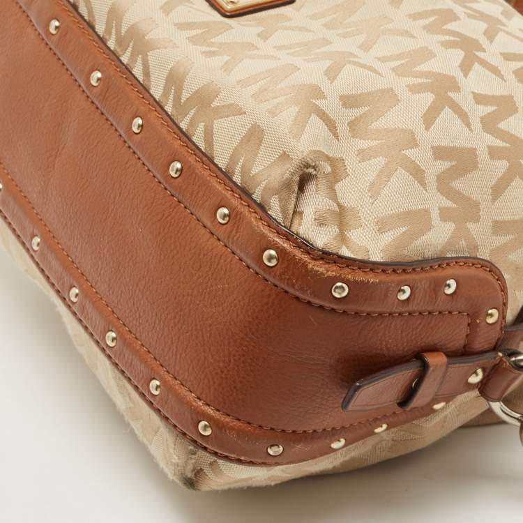 Pre Owned Michael Michael Kors Beige/Brown Signature Canvas and Leather Studded Hobo